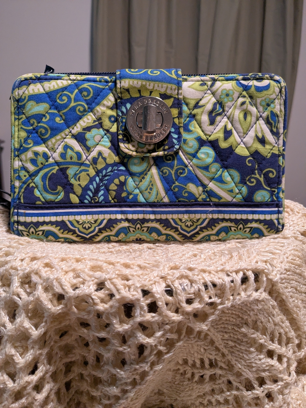 Quilted Floral Zip Wallet in Blue and Green